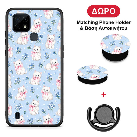 White Kittens and Blue Flowers Small - Realme C21 θήκη + Δώρο Phone Holder & Βάση Αυτοκινήτου