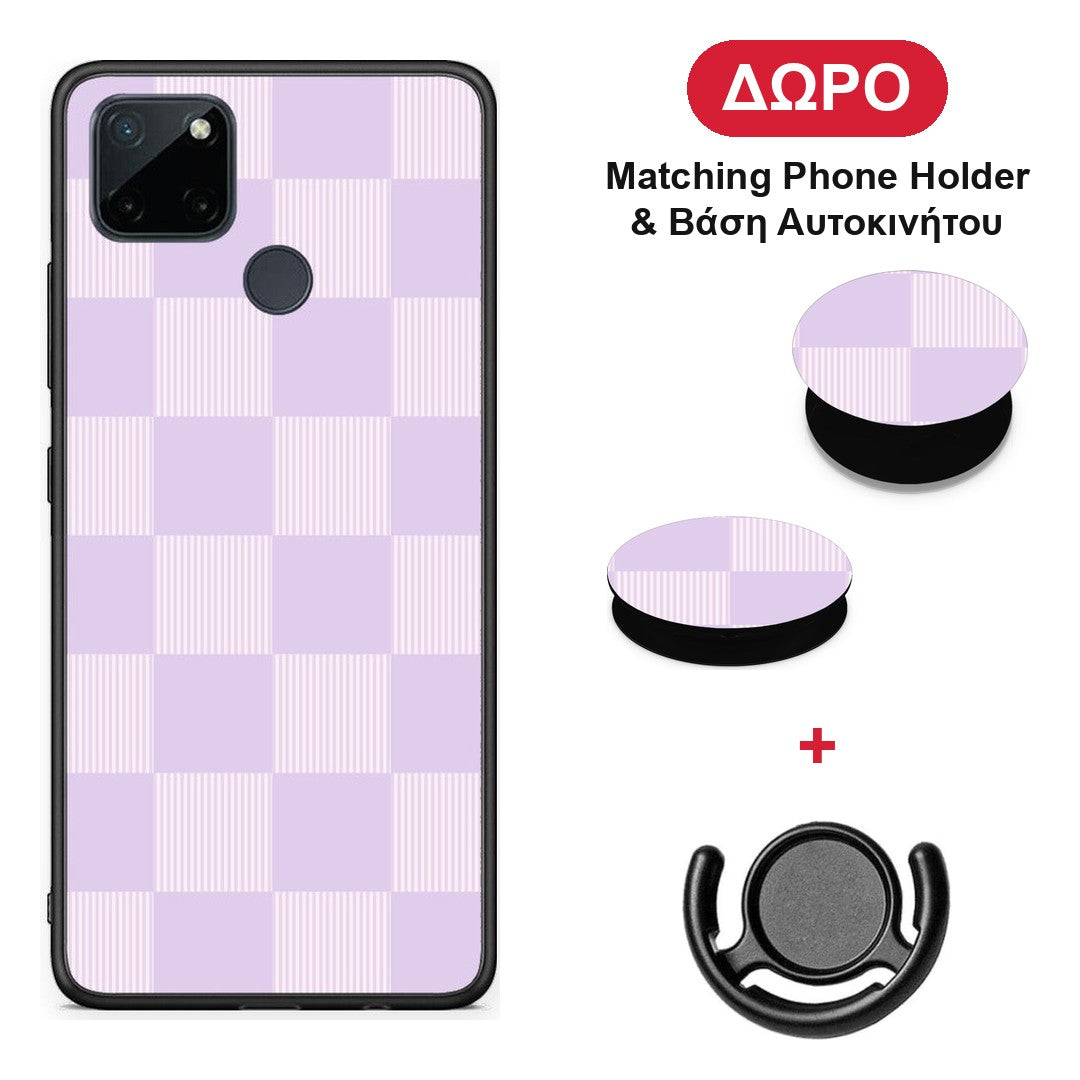 Lilac and Cream Striped Checks - Realme C21Y / C25Y / 7i (Global) θήκη + Δώρο Phone Holder & Βάση Αυτοκινήτου