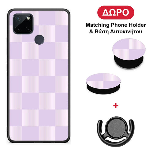 Lilac and Cream Striped Checks - Realme C21Y / C25Y / 7i (Global) θήκη + Δώρο Phone Holder & Βάση Αυτοκινήτου