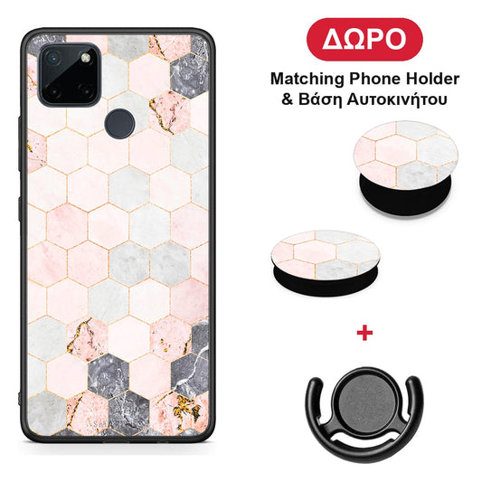 Marble Hexagon Pink - Realme C21Y / C25Y / 7i (Global) θήκη + Δώρο Phone Holder & Βάση Αυτοκινήτου