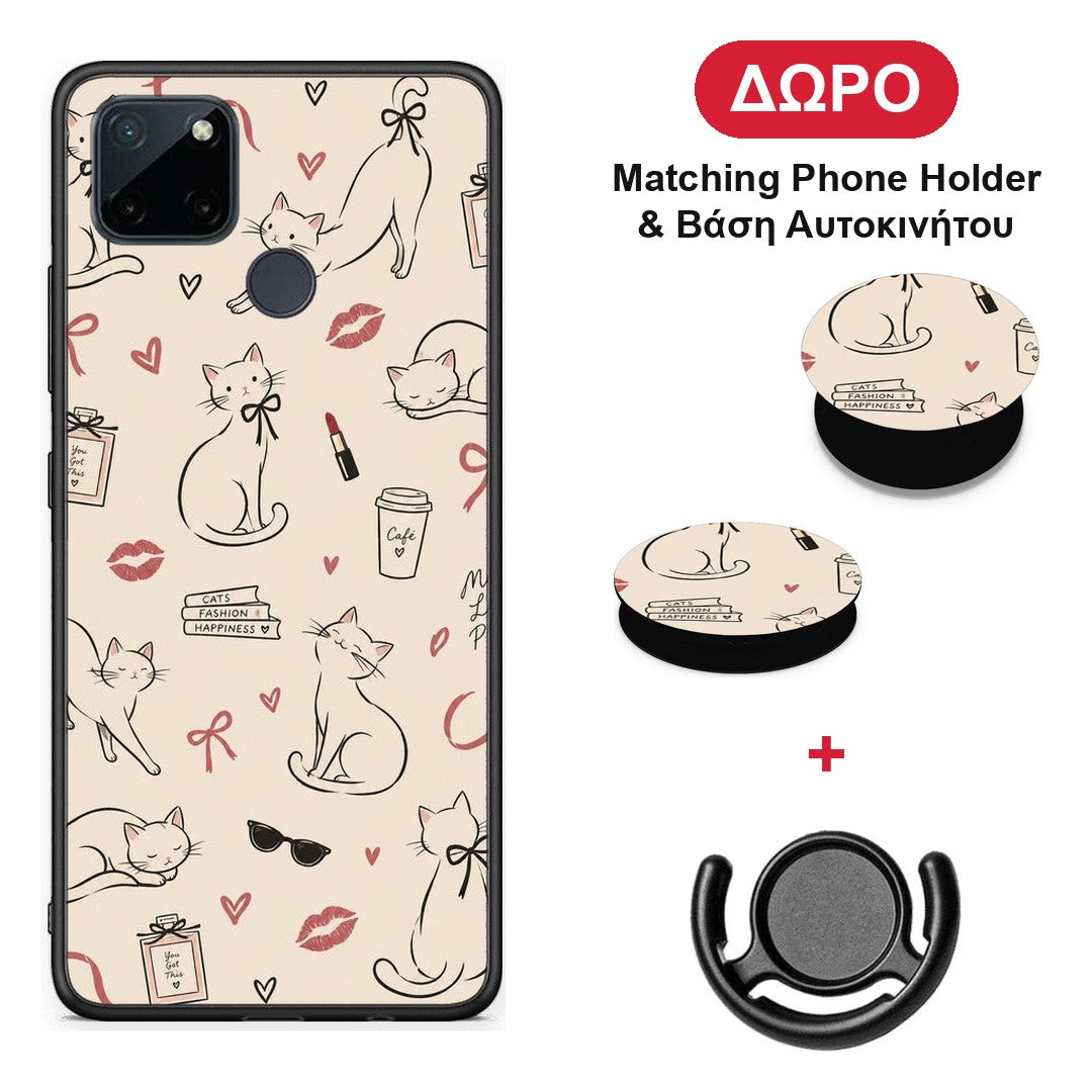 Minimal Cat and Fashion Doodles on Cream - Realme C21Y / C25Y / 7i (Global) θήκη + Δώρο Phone Holder & Βάση Αυτοκινήτου