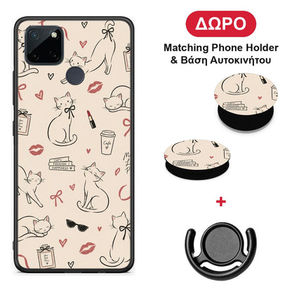 Minimal Cat and Fashion Doodles on Cream - Realme C21Y / C25Y / 7i (Global) θήκη + Δώρο Phone Holder & Βάση Αυτοκινήτου