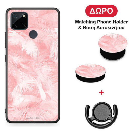 Boho Pink Feather - Realme C21Y / C25Y / 7i (Global) θήκη + Δώρο Phone Holder & Βάση Αυτοκινήτου