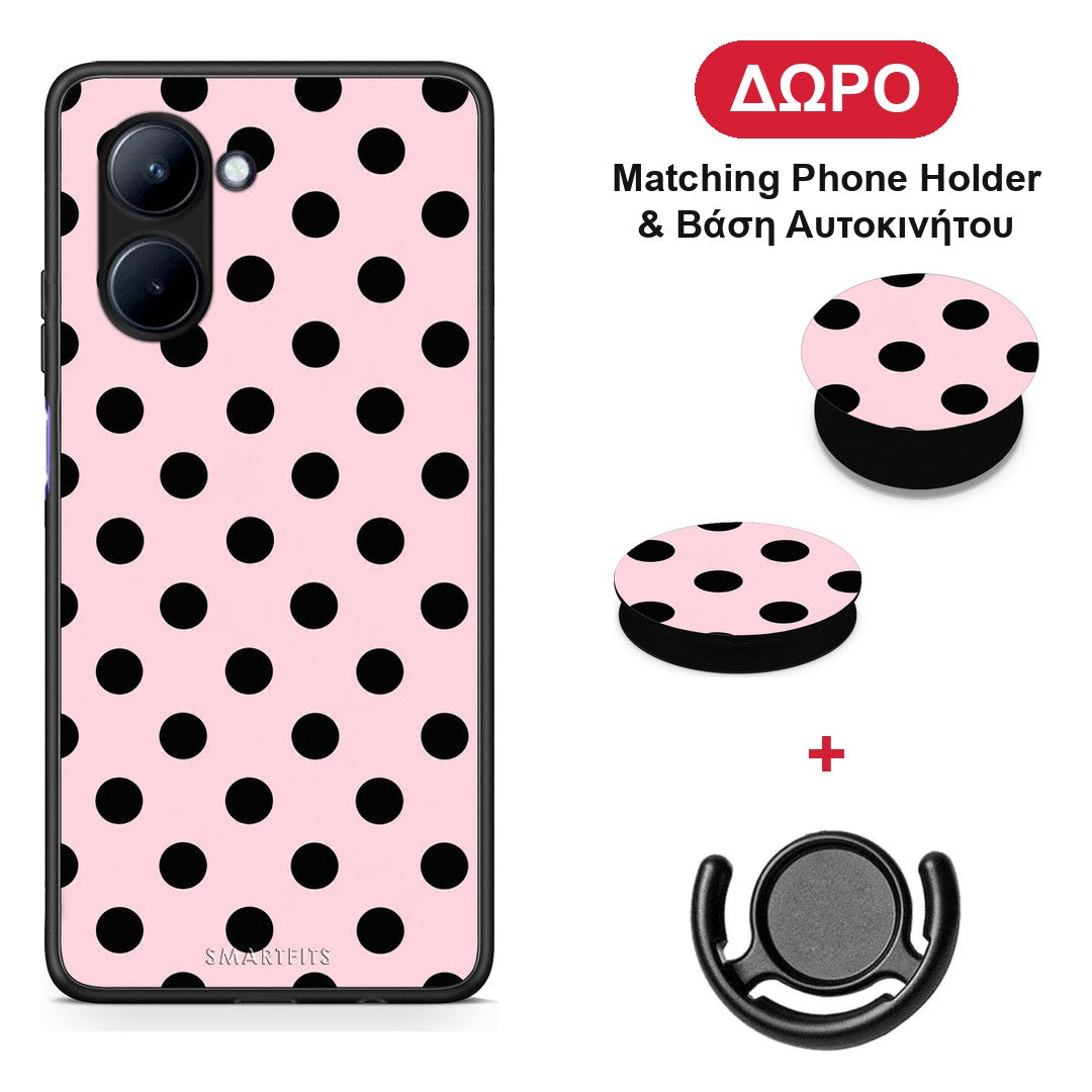 Black Polka Dots on Pink - Realme C33 θήκη + Δώρο Phone Holder & Βάση Αυτοκινήτου