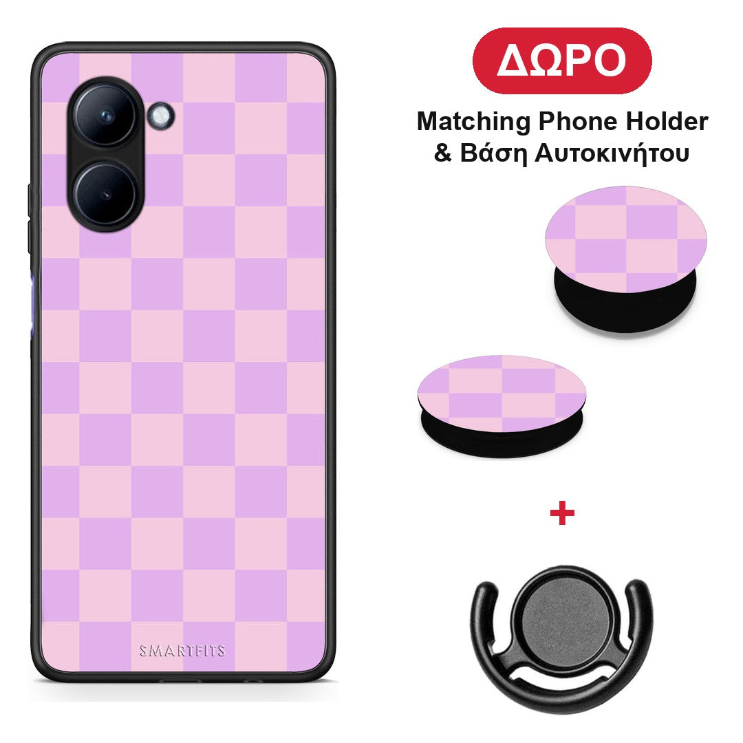 Lavender and Pink Checkerboard - Realme C33 θήκη + Δώρο Phone Holder & Βάση Αυτοκινήτου