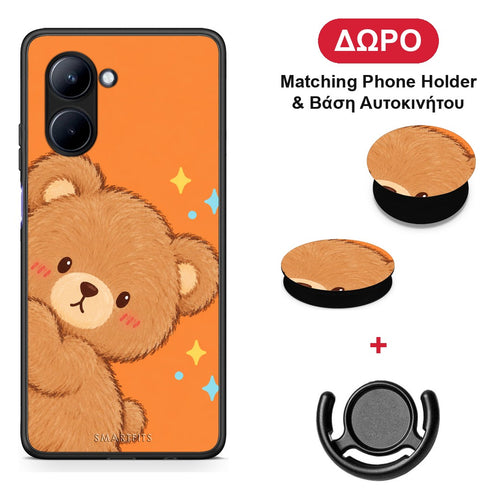 Peekaboo Teddy on Orange - Realme C33 θήκη + Δώρο Phone Holder & Βάση Αυτοκινήτου