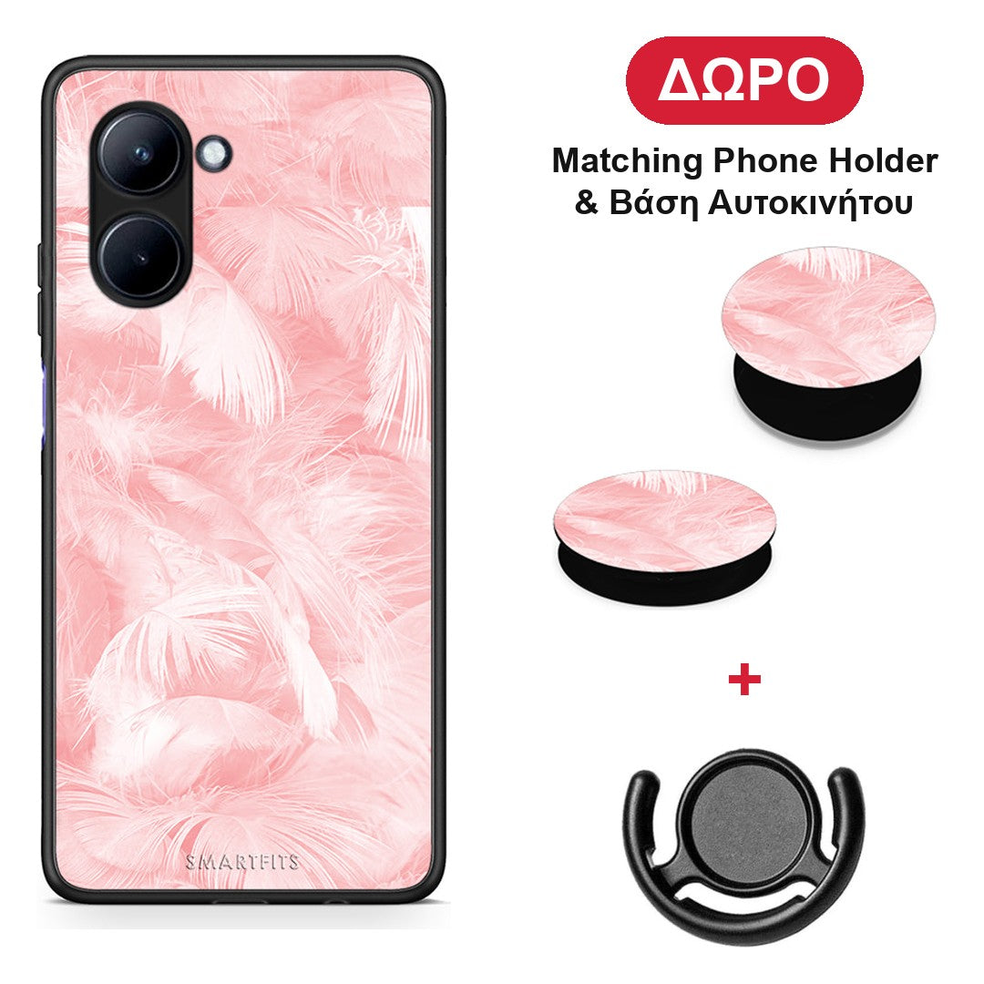 Boho Pink Feather - Realme C33 θήκη + Δώρο Phone Holder & Βάση Αυτοκινήτου