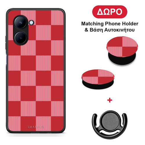 Red and Pink Striped Checks - Realme C33 θήκη + Δώρο Phone Holder & Βάση Αυτοκινήτου