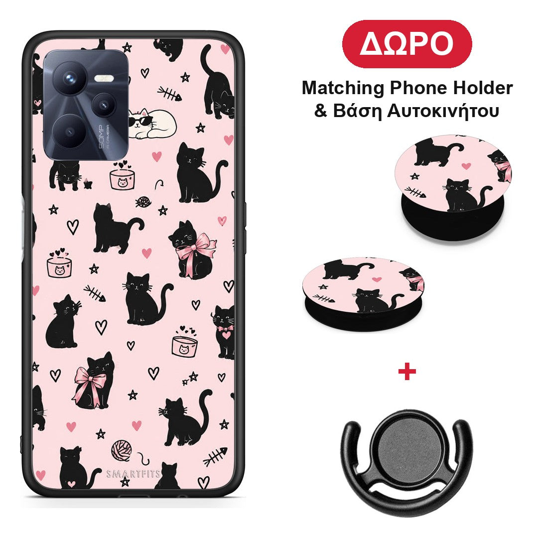 Black Cat Doodles on Pink - Realme C35 / Narzo 50A Prime θήκη + Δώρο Phone Holder & Βάση Αυτοκινήτου
