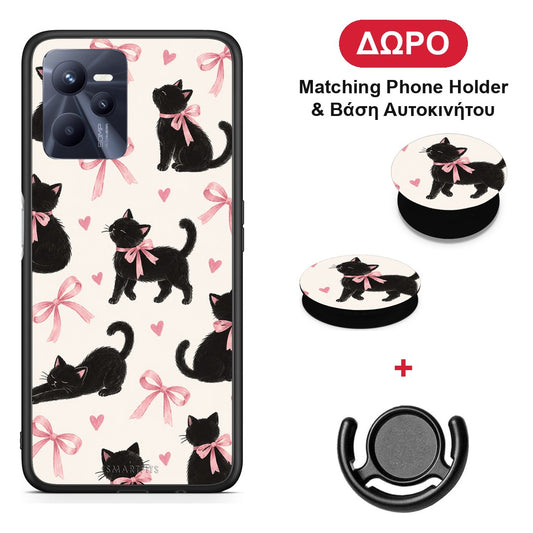 Black Kittens and Pink Bows on Cream Large - Realme C35 / Narzo 50A Prime θήκη + Δώρο Phone Holder & Βάση Αυτοκινήτου
