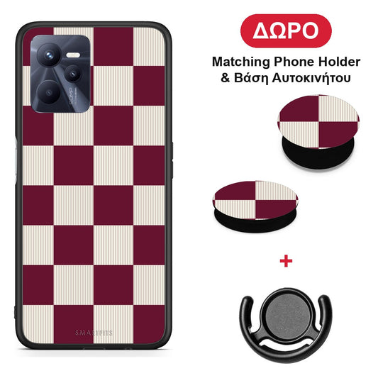 Burgundy and Cream Striped Checks - Realme C35 / Narzo 50A Prime θήκη + Δώρο Phone Holder & Βάση Αυτοκινήτου