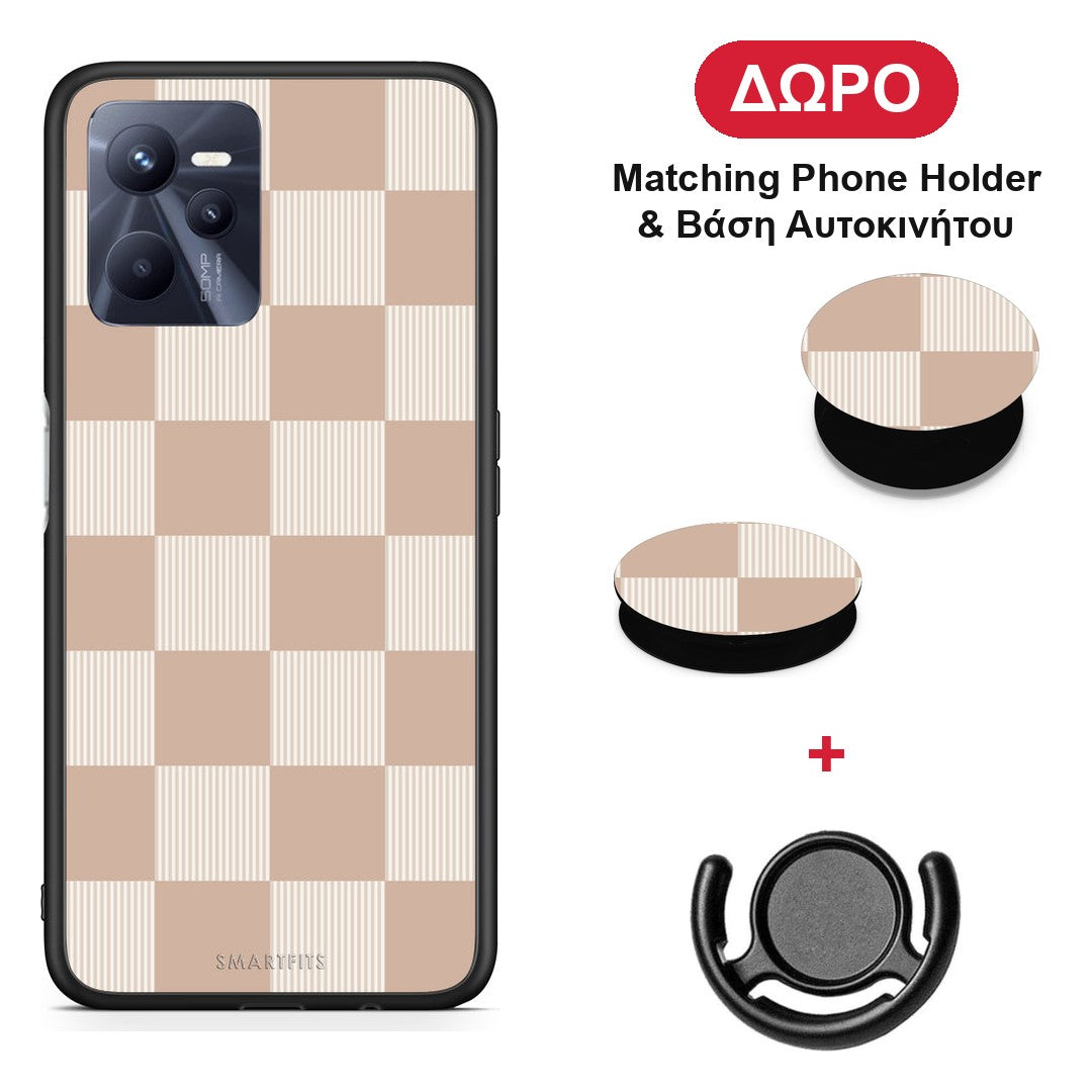 Latte and Cream Striped Checks - Realme C35 / Narzo 50A Prime θήκη + Δώρο Phone Holder & Βάση Αυτοκινήτου