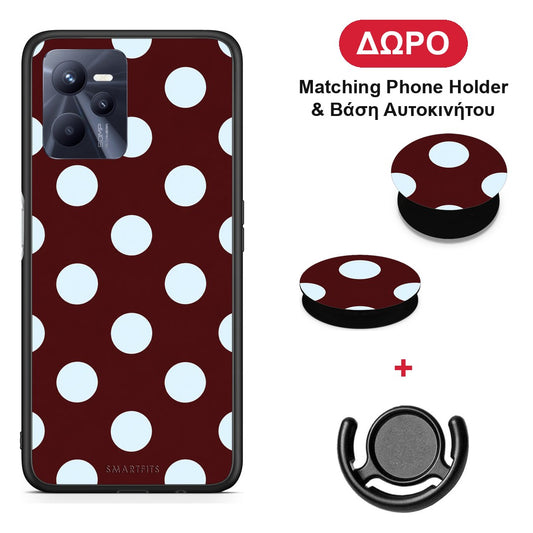 Pale Blue Large Polka Dots on Burgundy - Realme C35 / Narzo 50A Prime θήκη + Δώρο Phone Holder & Βάση Αυτοκινήτου