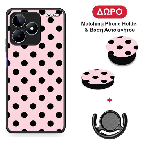 Black Polka Dots on Pink - Realme C53 θήκη + Δώρο Phone Holder & Βάση Αυτοκινήτου