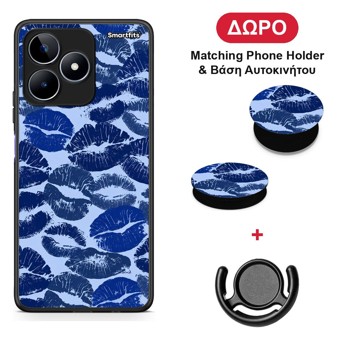 Blue Lipstick Kisses - Realme C53 θήκη + Δώρο Phone Holder & Βάση Αυτοκινήτου