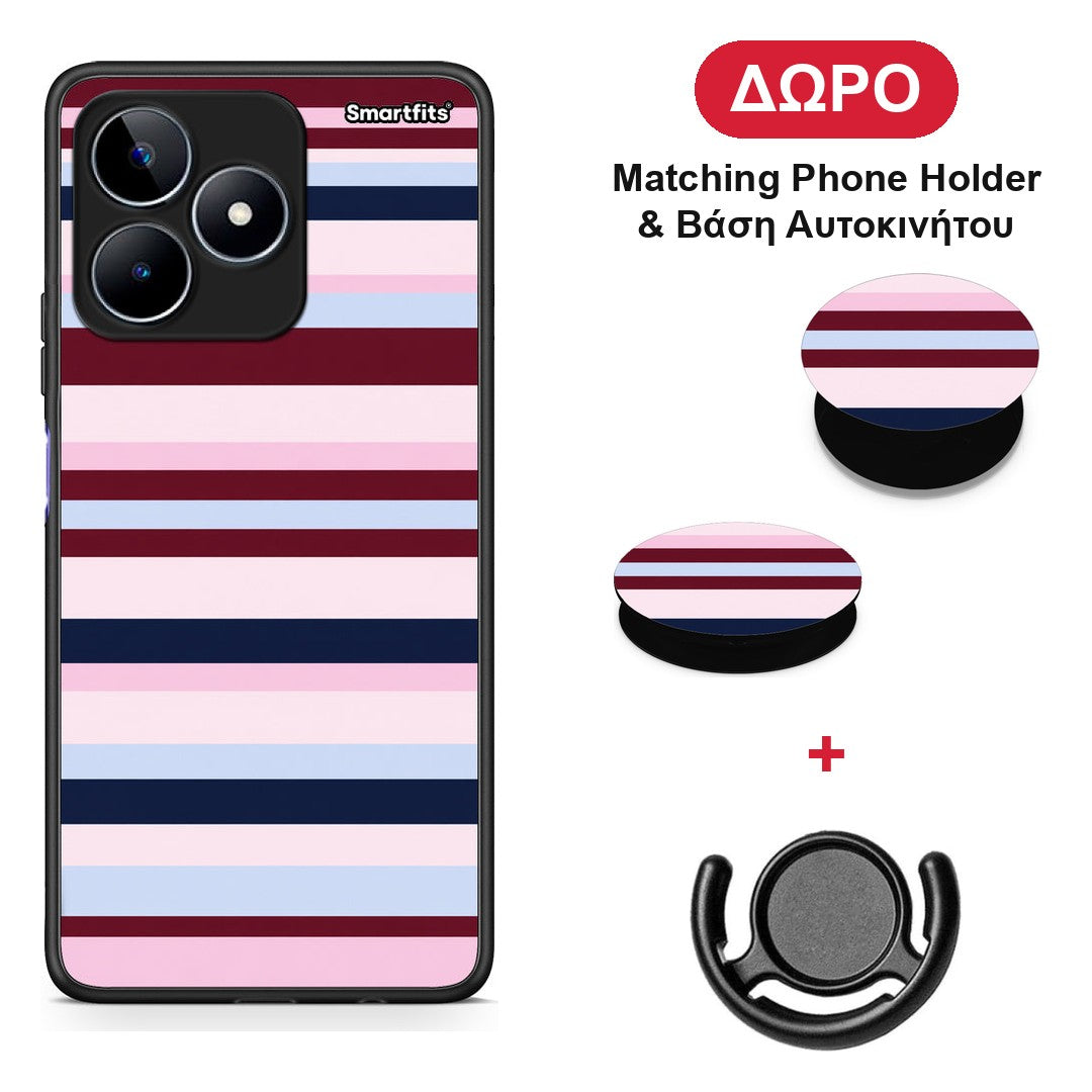 Burgundy Pink and Blue Horizontal Stripes - Realme C53 θήκη + Δώρο Phone Holder & Βάση Αυτοκινήτου
