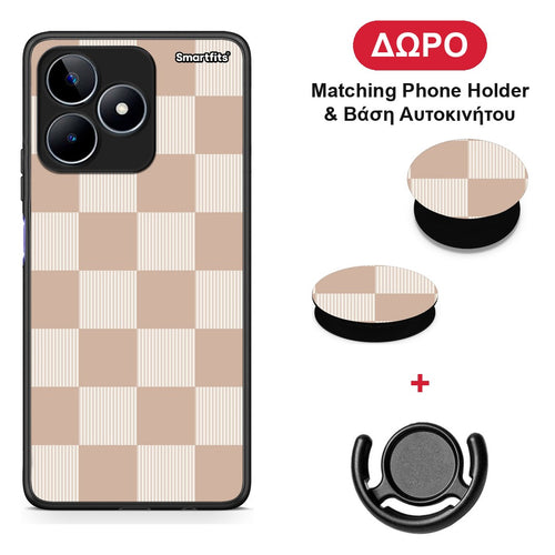 Latte and Cream Striped Checks - Realme C53 θήκη + Δώρο Phone Holder & Βάση Αυτοκινήτου