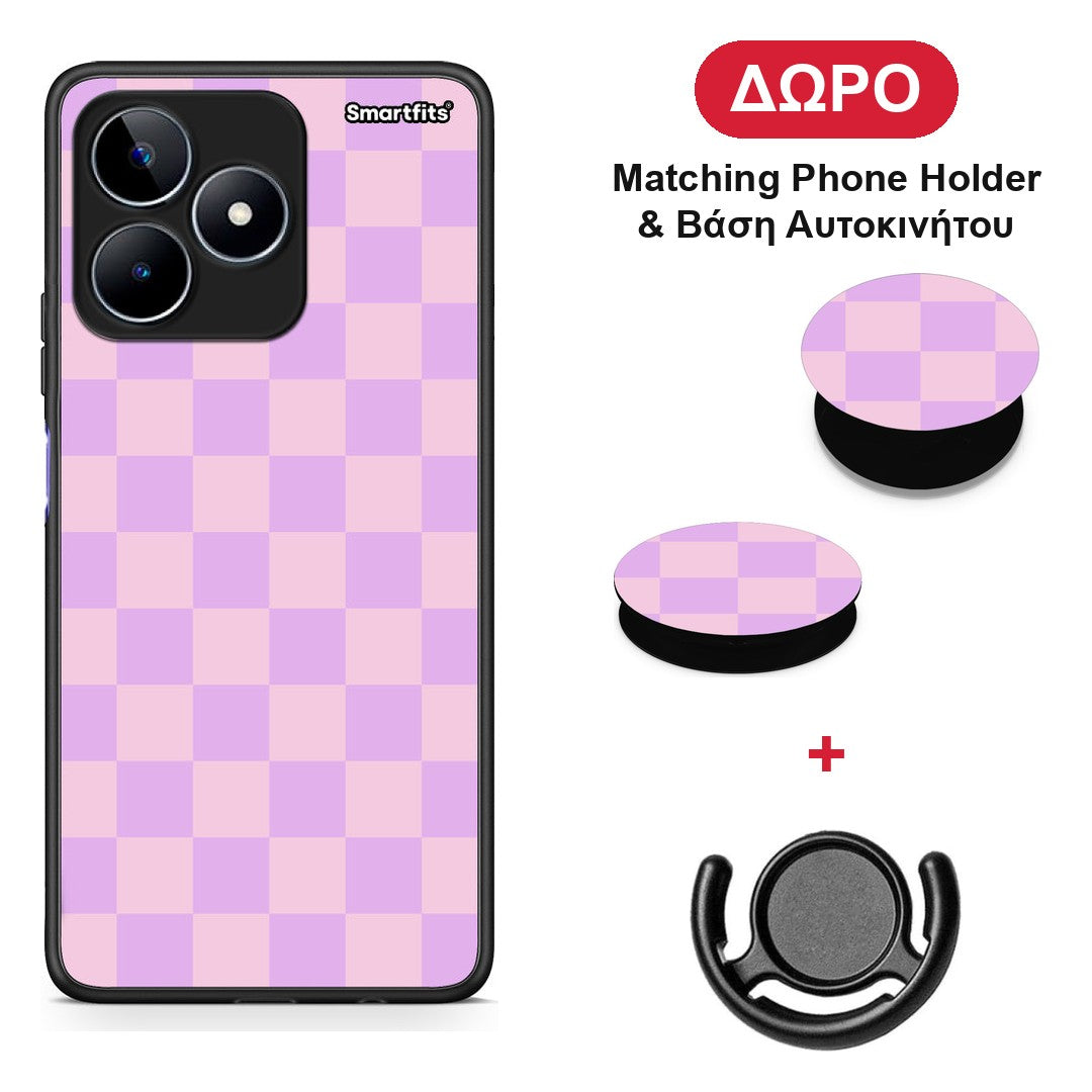 Lavender and Pink Checkerboard - Realme C53 θήκη + Δώρο Phone Holder & Βάση Αυτοκινήτου
