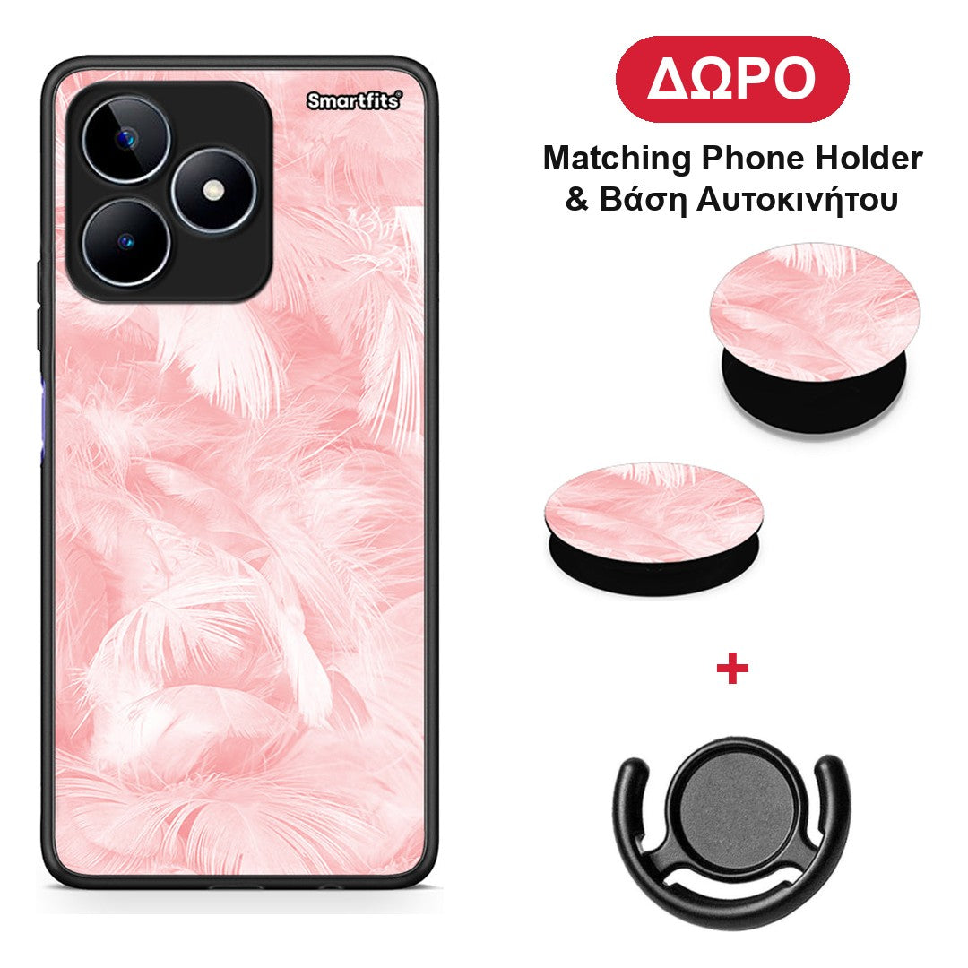 Boho Pink Feather - Realme C53 θήκη + Δώρο Phone Holder & Βάση Αυτοκινήτου