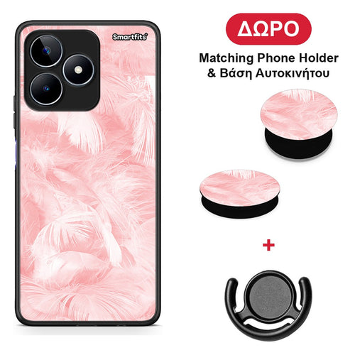 Boho Pink Feather - Realme C53 θήκη + Δώρο Phone Holder & Βάση Αυτοκινήτου