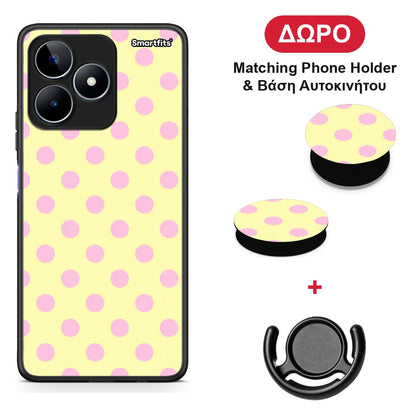 Pink Polka Dots on Yellow - Realme C53 θήκη + Δώρο Phone Holder & Βάση Αυτοκινήτου