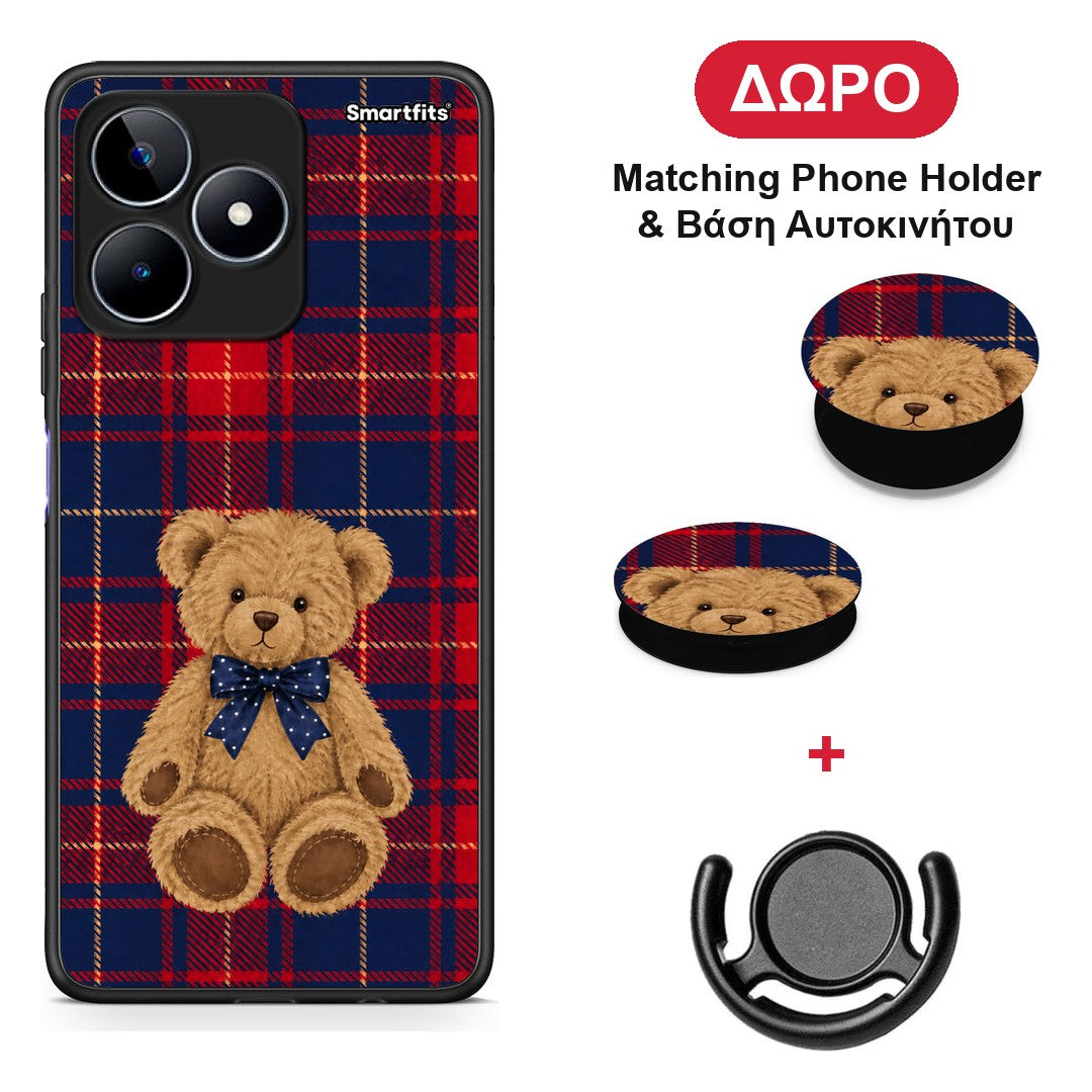 Teddy Bear on Red and Navy Tartan - Realme C53 θήκη + Δώρο Phone Holder & Βάση Αυτοκινήτου