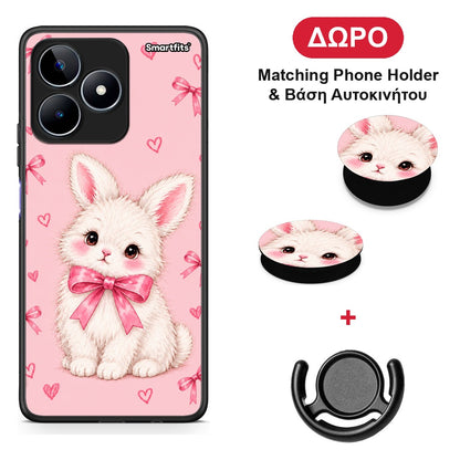 White Bunny and Pink Bows - Realme C53 θήκη + Δώρο Phone Holder & Βάση Αυτοκινήτου