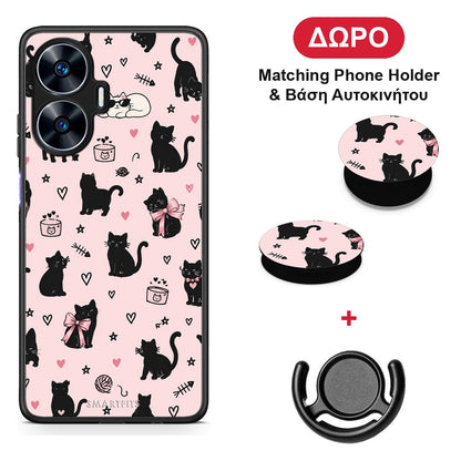 Black Cat Doodles on Pink - Realme C55 Dual θήκη + Δώρο Phone Holder & Βάση Αυτοκινήτου
