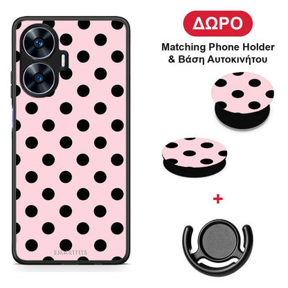 Black Polka Dots on Pink - Realme C55 Dual θήκη + Δώρο Phone Holder & Βάση Αυτοκινήτου
