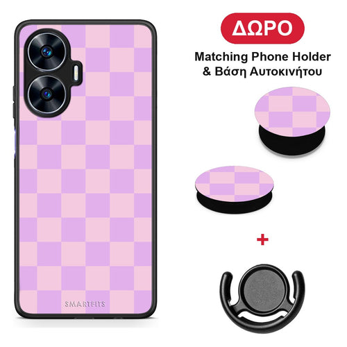 Lavender and Pink Checkerboard - Realme C55 Dual θήκη + Δώρο Phone Holder & Βάση Αυτοκινήτου