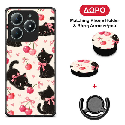 Black Kittens and Cherries on Cream - Realme C61 θήκη + Δώρο Phone Holder & Βάση Αυτοκινήτου