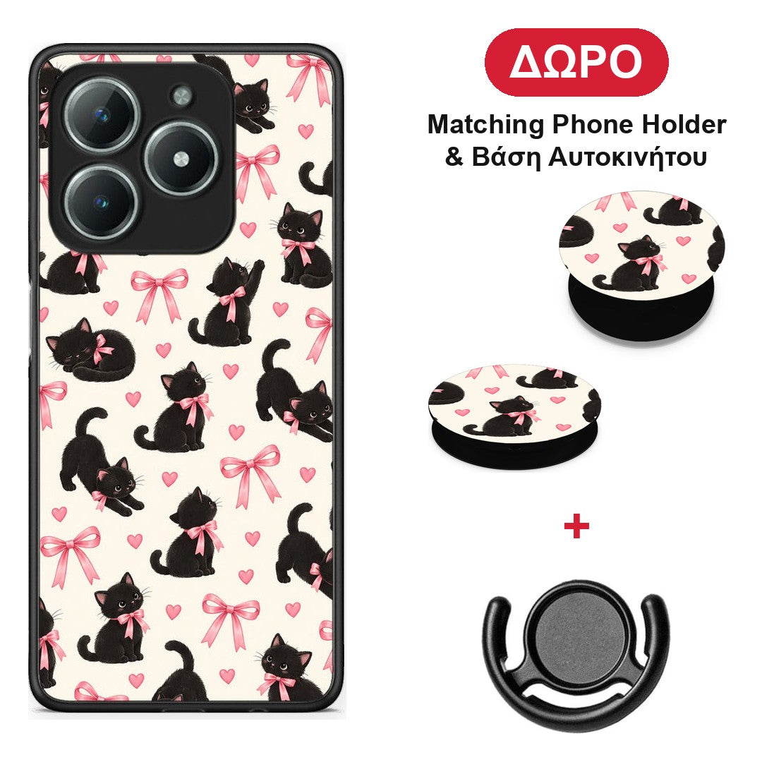 Black Kittens and Pink Bows on Cream Small - Realme C61 θήκη + Δώρο Phone Holder & Βάση Αυτοκινήτου