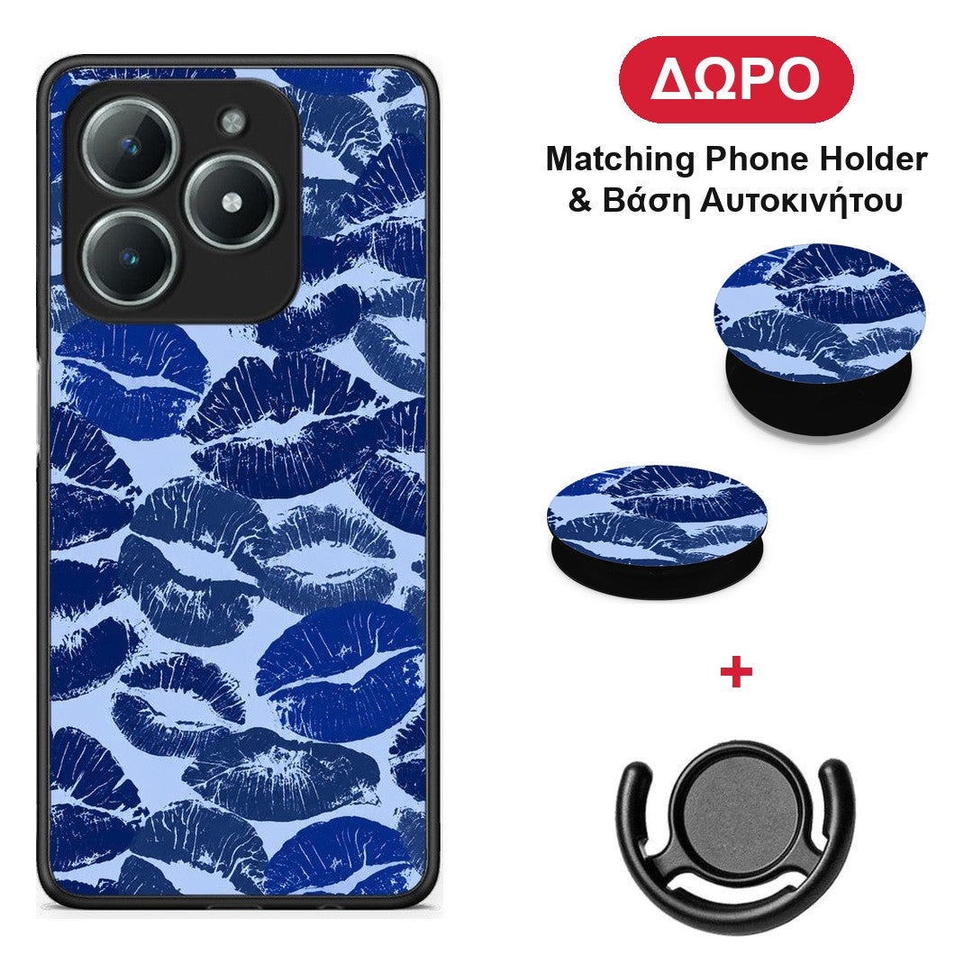 Blue Lipstick Kisses - Realme C61 θήκη + Δώρο Phone Holder & Βάση Αυτοκινήτου