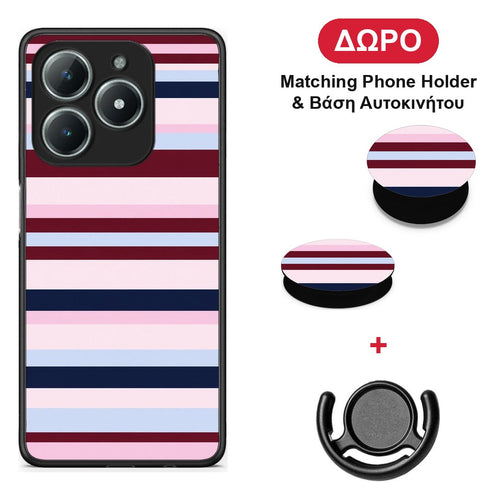 Burgundy Pink and Blue Horizontal Stripes - Realme C61 θήκη + Δώρο Phone Holder & Βάση Αυτοκινήτου