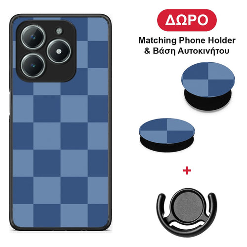 Denim Blue Checkerboard - Realme C61 θήκη + Δώρο Phone Holder & Βάση Αυτοκινήτου