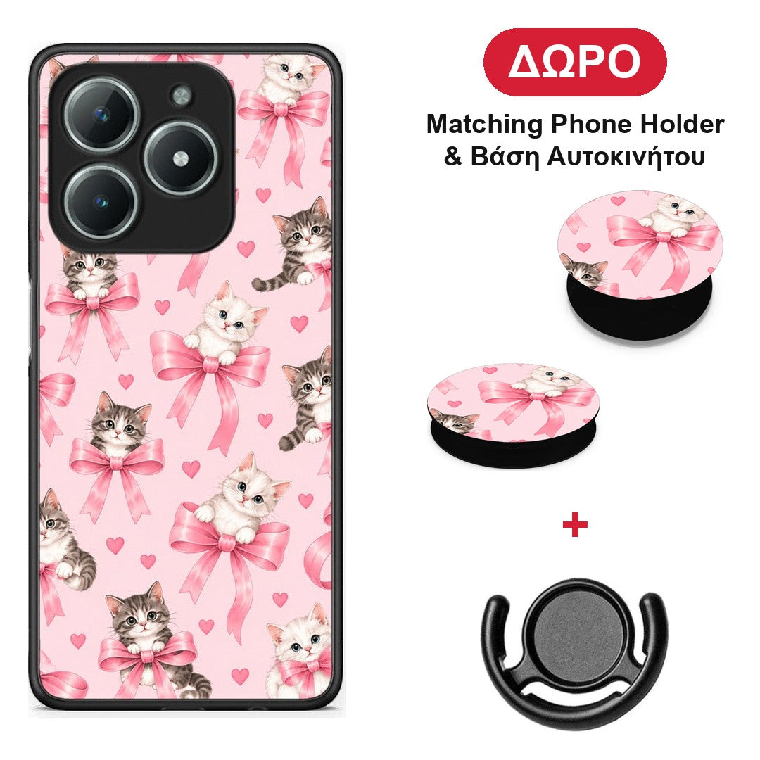 Kittens and Pink Bows on Pink - Realme C61 θήκη + Δώρο Phone Holder & Βάση Αυτοκινήτου