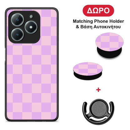 Lavender and Pink Checkerboard - Realme C61 θήκη + Δώρο Phone Holder & Βάση Αυτοκινήτου