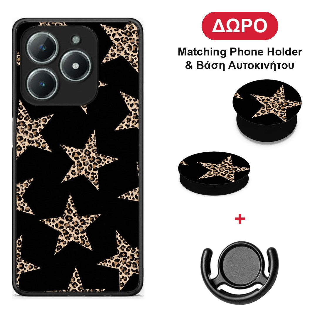 Leopard Stars on Black - Realme C61 θήκη + Δώρο Phone Holder & Βάση Αυτοκινήτου