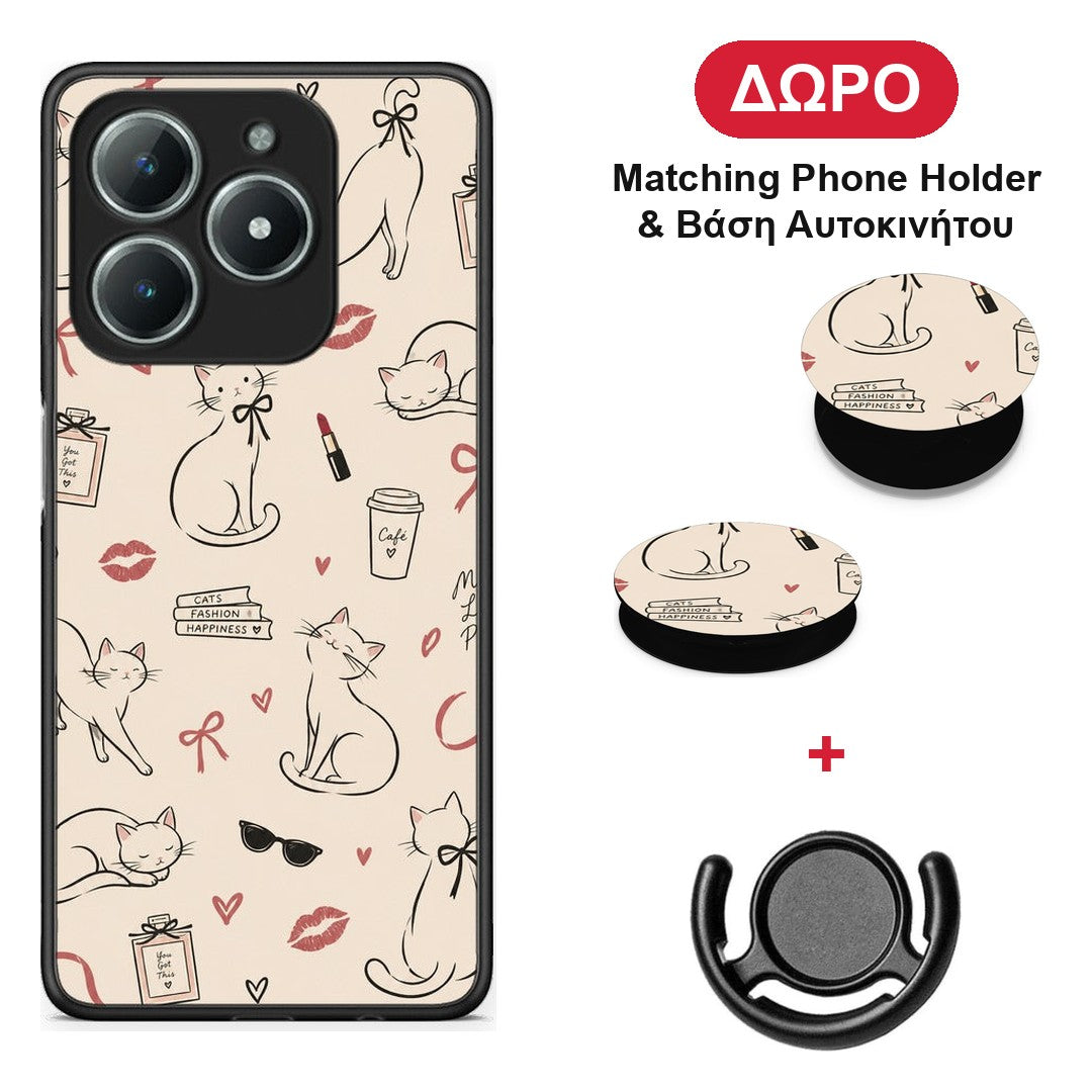 Minimal Cat and Fashion Doodles on Cream - Realme C61 θήκη + Δώρο Phone Holder & Βάση Αυτοκινήτου