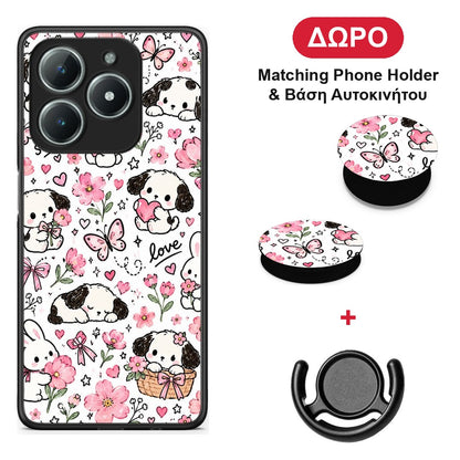 Pink Florals Puppies and Bunnies on White - Realme C61 θήκη + Δώρο Phone Holder & Βάση Αυτοκινήτου