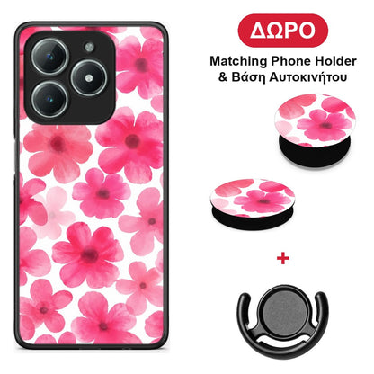 Pink Watercolour Flowers on White - Realme C61 θήκη + Δώρο Phone Holder & Βάση Αυτοκινήτου