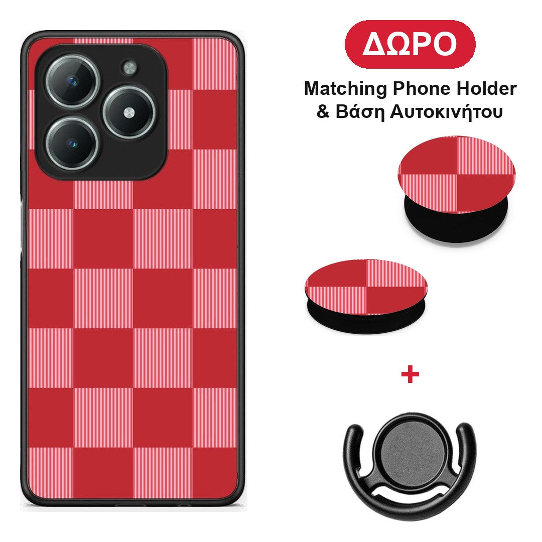 Red and Pink Striped Checks - Realme C61 θήκη + Δώρο Phone Holder & Βάση Αυτοκινήτου