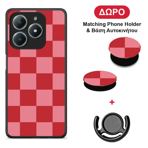 Red and Pink Striped Checks - Realme C61 θήκη + Δώρο Phone Holder & Βάση Αυτοκινήτου