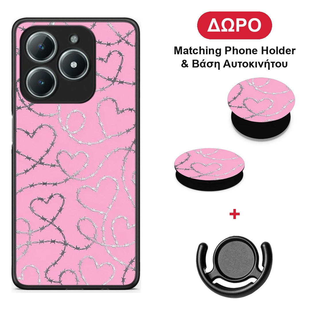 Barbed Wire Hearts on Pink - Realme C63 4G θήκη + Δώρο Phone Holder & Βάση Αυτοκινήτου