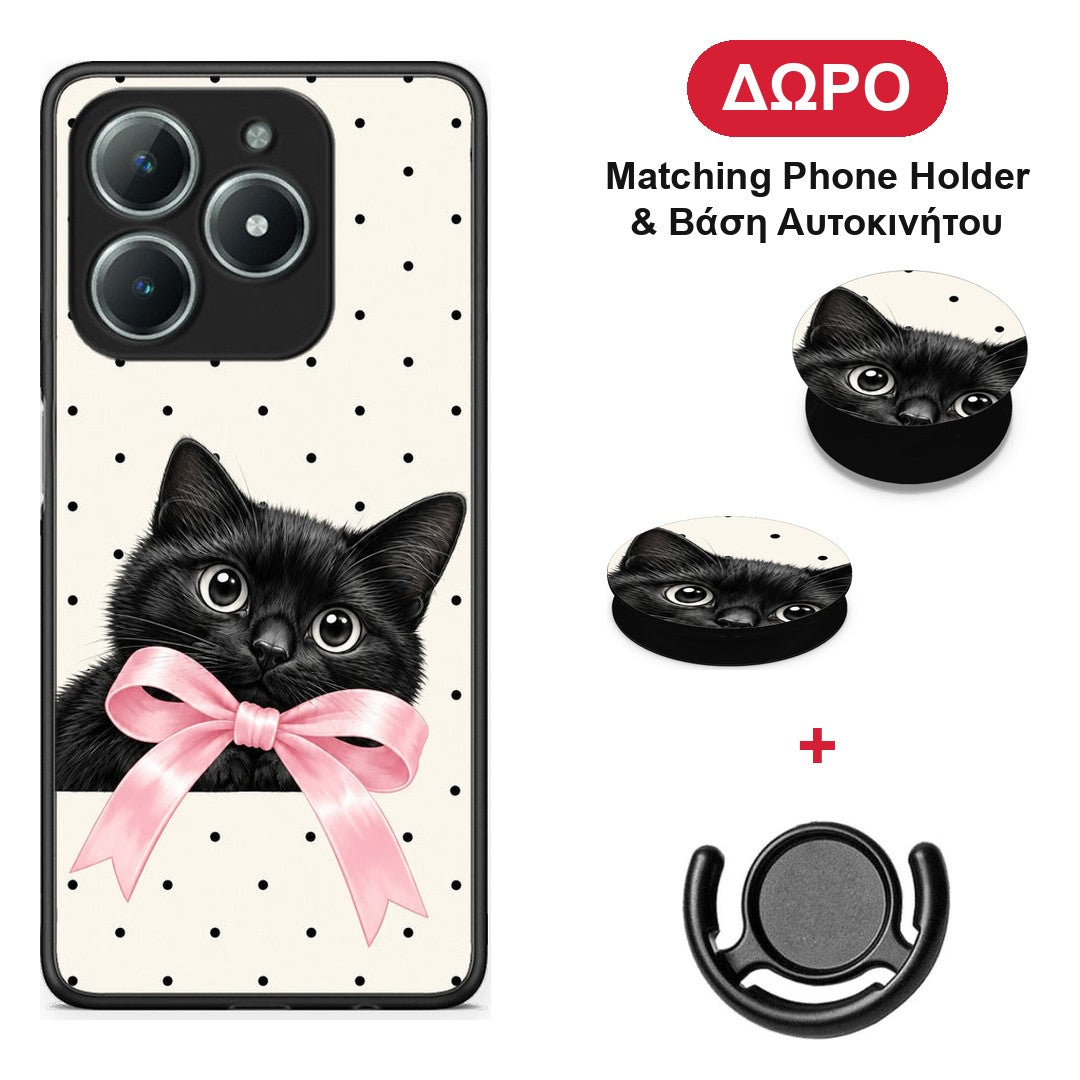 Black Kitten Pink Bow and Polka Dots - Realme C63 4G θήκη + Δώρο Phone Holder & Βάση Αυτοκινήτου