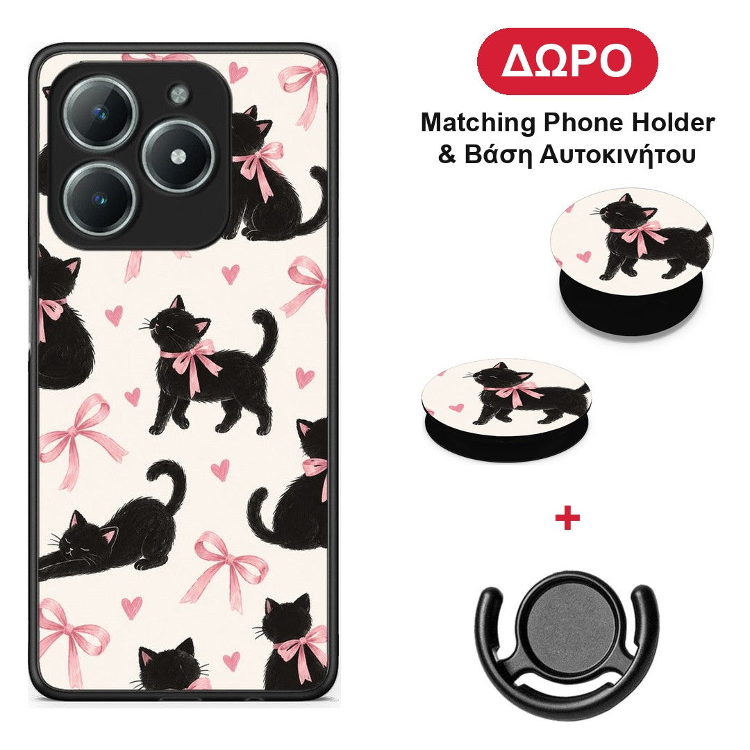 Black Kittens and Pink Bows on Cream Large - Realme C63 4G θήκη + Δώρο Phone Holder & Βάση Αυτοκινήτου