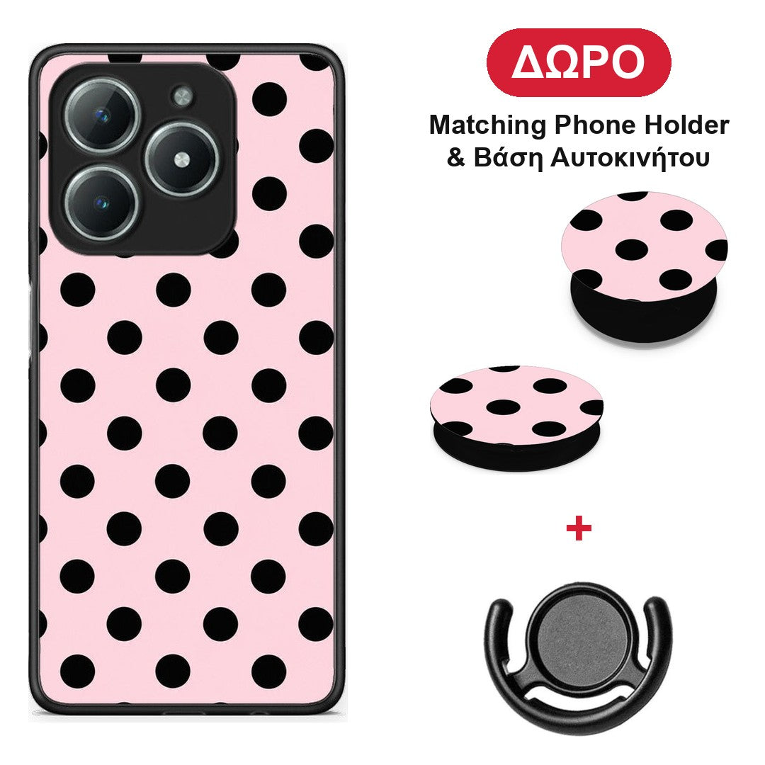 Black Polka Dots on Pink - Realme C63 4G θήκη + Δώρο Phone Holder & Βάση Αυτοκινήτου