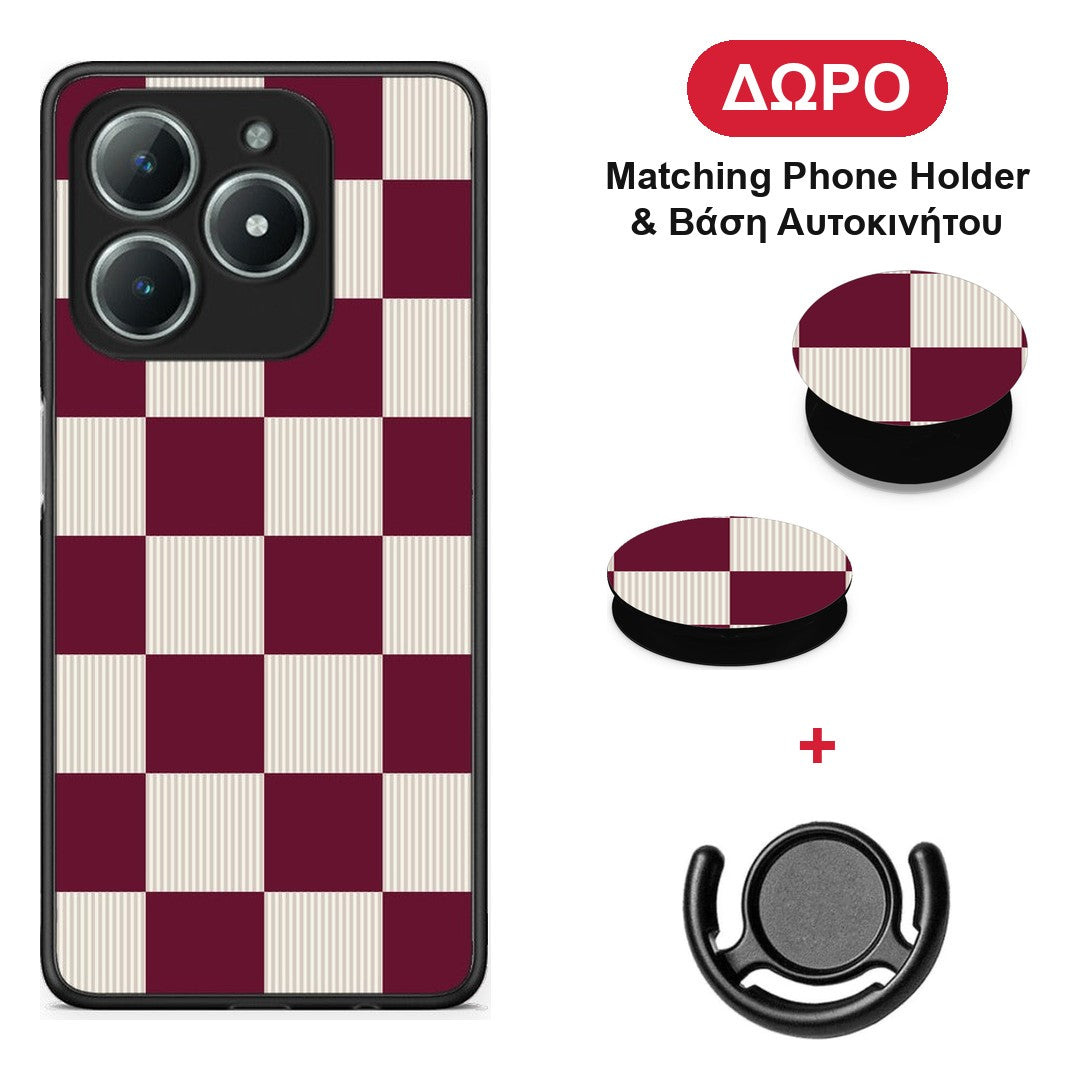 Burgundy and Cream Striped Checks - Realme C63 4G θήκη + Δώρο Phone Holder & Βάση Αυτοκινήτου