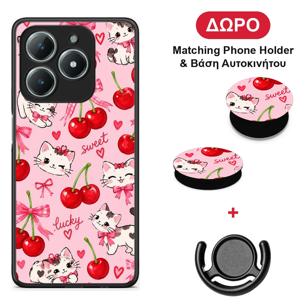Cherries Bows and Kittens on Pink - Realme C63 4G θήκη + Δώρο Phone Holder & Βάση Αυτοκινήτου