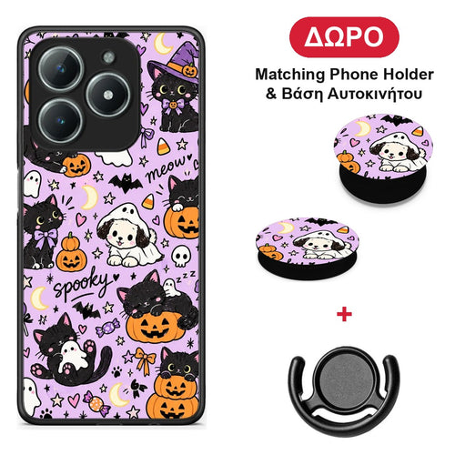 Halloween Black Cats on Lilac - Realme C63 4G θήκη + Δώρο Phone Holder & Βάση Αυτοκινήτου